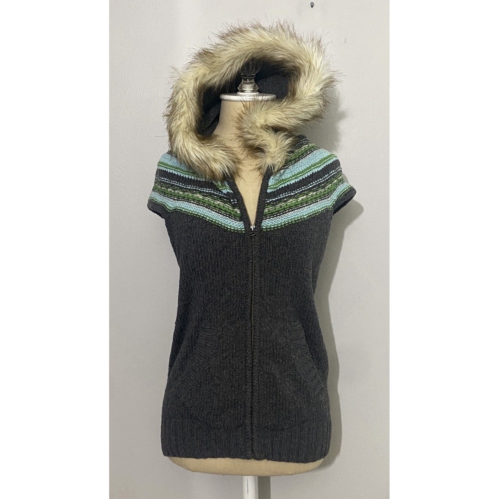 Vtg Womens Knit Sweater Vest Faux Fur Hooded Full Zip Gray Fair Isle Nordic Sz M